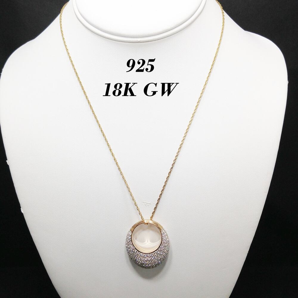 Sterling 18K Gold Wash Pendant Necklace, Clear Rhinestones, 1990s Vintage